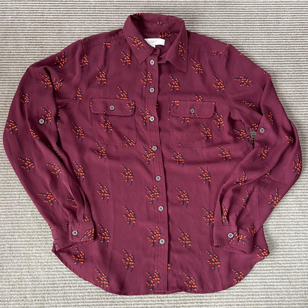 LOFT Ann Taylor Womens Small Burgundy Floral Roll Tab Utility‎ Button Down Shirt
